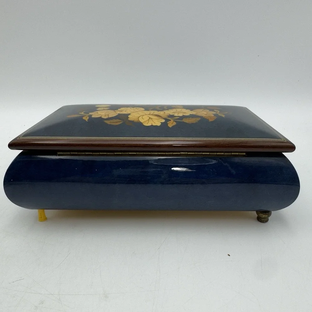 REUGE JEWELRY MUSIC BOX Wood Blue Beige Floral Inlay Italy Memory Cats Key Vtg
